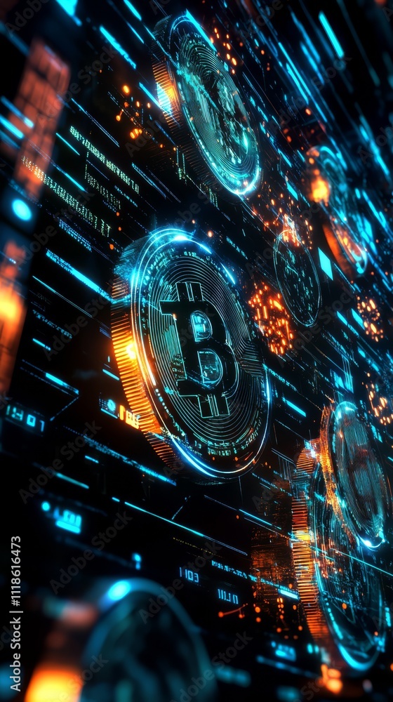 Poster digital currency: bitcoin comes to life amidst a dynamic network of digital code, illuminating the c