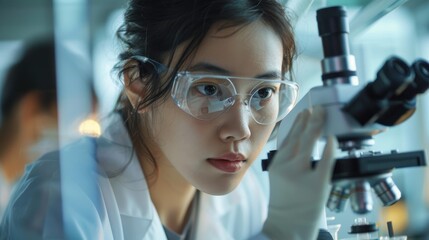 Asian female scientist analyzing petri dish samples under a microscope in a state-of-the-art pharmaceutical lab. Colleagues working on biotech research