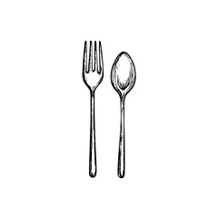 Spoon and Fork, Hand-Drawn Vector, Graphic Style, Cartoon Illustration, Black and White, Sketch Style, Isolated on White Background
