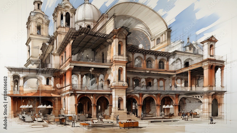 Poster intricate architecture drawing showcasing neoclassical details arches and columns created in archite
