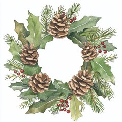 Fototapeta premium Watercolor holiday wreath design winter festivities decorative art home environment close-up view seasonal cheer