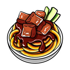 Jajangmyeon Korean Noodles Illustration Vector.  Jajangmyeon Noodles Icon.  Korean Black Bean Noodles Jajangmyeon.  Korean Black Bean Noodles Vector. Jajangmyeon Icon Isolated on White Background.