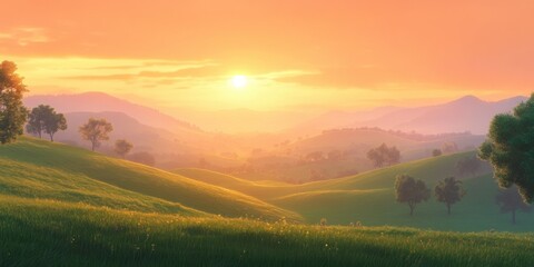 Serene dawn landscape with rolling green hills