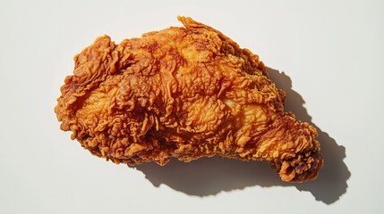 A close-up of a crispy fried chicken piece on a plain background.