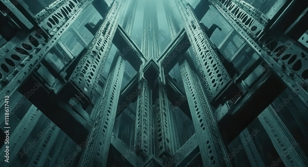 Poster intricate steel structures and frameworks in a dark industrial environment depicting depth and symme