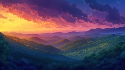 Fototapeta premium Serene sunset over rolling hills and forests