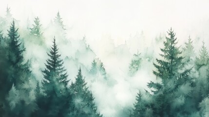 Serene watercolor landscape with pine trees