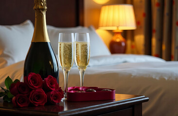 A bottle of champagne, two glasses, a bouquet of roses and chocolates are on the table in the hotel against the background of the bed. The concept of a hotel date.
