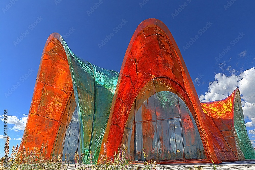 Poster bold futuristic abstract architecture featuring dynamic shapes vibrant colors illustrated in digital