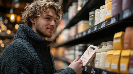 Person comparing prices on various products in retail store