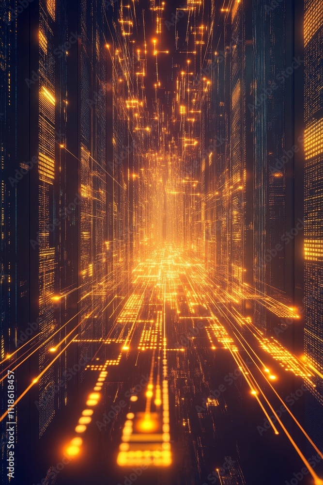 Poster illuminated data streams in a digital corridor.