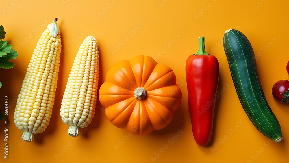 Poster freshly harvested vegetables pumpkins and fruits such as corn walnuts and physalis arranged vertical