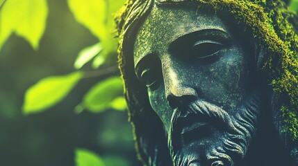 Ethereal Jesus statue illustration surrounded by soft light and mystical elements, creating a serene and peaceful religious scene.