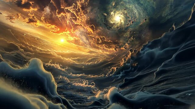 A dramatic cosmic landscape with swirling clouds and a vibrant sunset over turbulent waters.