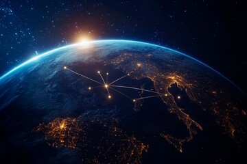 Fototapeta premium Illuminated Earth against the backdrop of a cosmic dawn with network connections. Generative AI