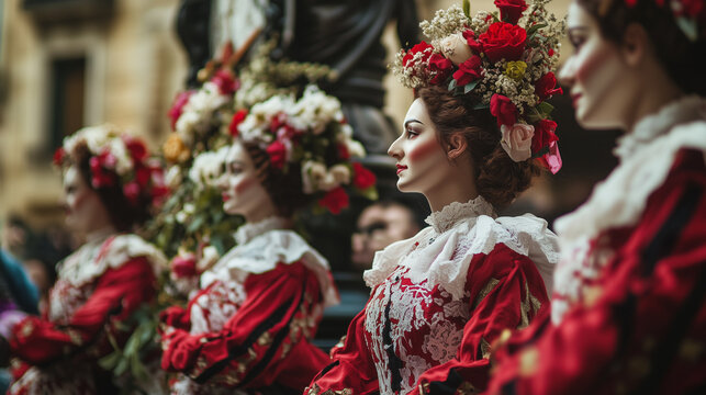 D&iacute;a de San Sebasti&aacute;n, traditional Basque dancers wearing red and white costumes dancing in front of the statue of San Sebasti&aacute;n decorated with flowers, Ai generated images