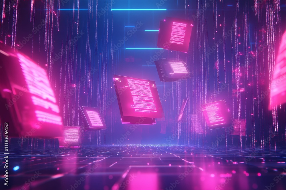 Poster neon data cubes float; digital rain falls.