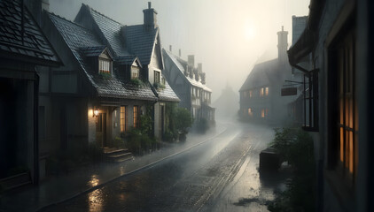 old town street in rainy night