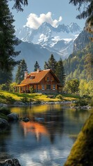 Fototapeta premium Rustic cabin along river offering views of snowy mountain horizon picture
