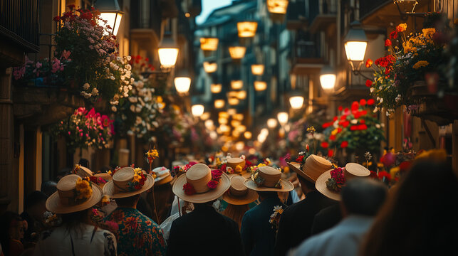 Day of San Sebastian, townspeople with traditional Basque hats walk in procession on narrow streets filled with flowers and decorations, Ai generated images