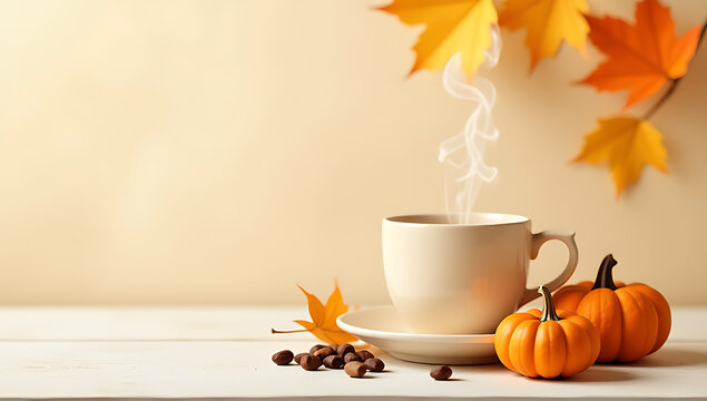 Cozy autumn scene with steaming coffee, small pumpkins, and warm colors set against a soft pastel beige background inviting for text or ads._00001_