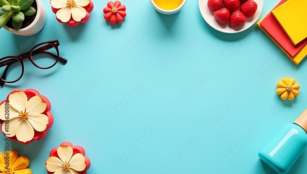 Poster colorful table setting on pale blue background features decorative items and space for text in a fla