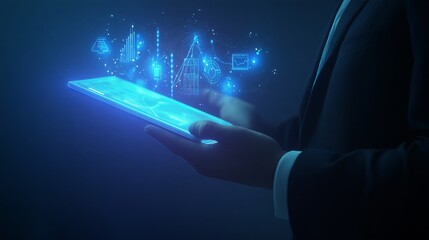 Businessman using tablet with hologram reporting analytics and financial statistics