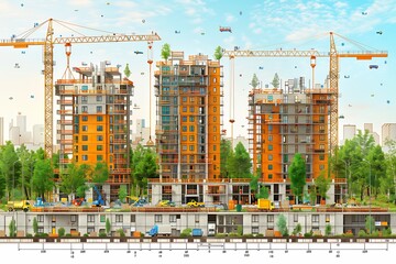 Detailed line art drawing of a futuristic skyscraper under construction showcasing cranes and building phases in technical style