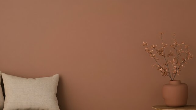 Minimalist interior with dried flowers in terracotta vase. Neutral beige pillow on couch. Warm earthy tones. Cozy home decor. Scandinavian style living room with copy space