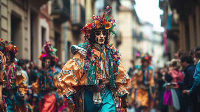 D&iacute;a de San Sebasti&aacute;n, a parade with people dressed in brightly colored traditional Basque costumes, Ai generated images