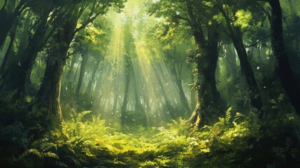 Obraz premium Sunlit forest with mossy floor and trees