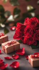 Celebration of love with red roses, gift boxes, and rose petals for a romantic occasion