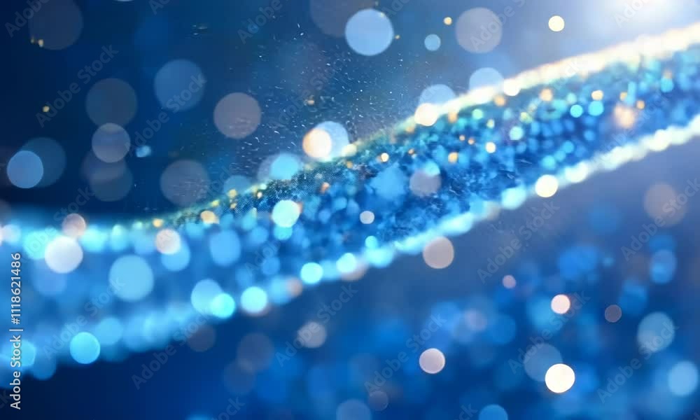 Poster sparkling blue bokeh wave motion with glittering particles in dynamic light