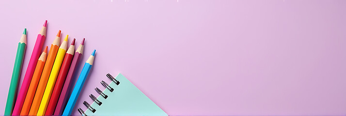 Colorful school supplies are arranged on a soothing pastel purple background ideal for back to school themed decor and design ideas_00001_