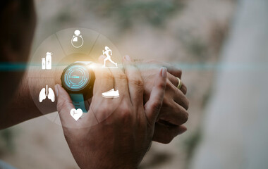 Running man with smartwatch. smartwatch that displays various health and fitness information. The watch shows that the person is currently running. concept technology to check health while exercising