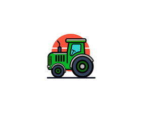 Vector illustration of a cartoon tractor with a big sun in the background	
