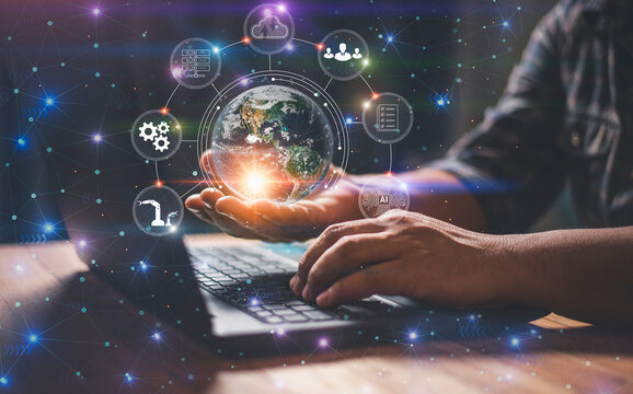 Futuristic Technology Concept with Digital Globe, AI, and Cloud Computing Icons. Global Network, Data Analytics, and Smart Automation on Laptop Background for Digital Transformation and Innovation.