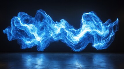 Blue light beams flash across a dark canvas, creating an energetic and abstract display of movement