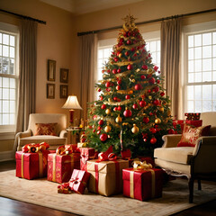 Classic Christmas Tree in a Cozy Living Room