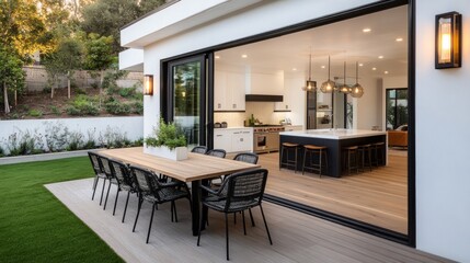 Fototapeta premium Modern outdoor dining area with sliding glass doors revealing a contemporary kitchen.