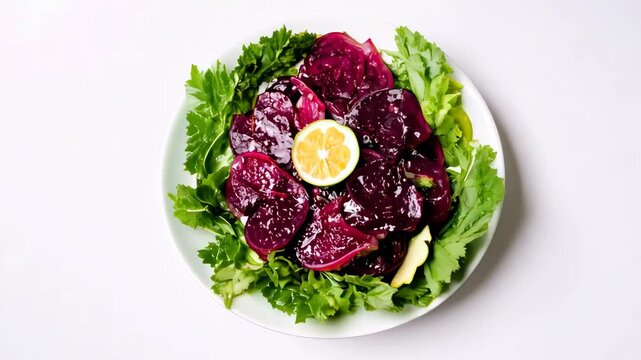 Colorful gourmet salad with beets and lettuce in creative pattern