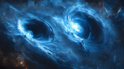 A Mesmerizing Digital Artwork of Two Black Holes Colliding, Radiating Gravitational Waves Amid a Mystical Starry Nebula
