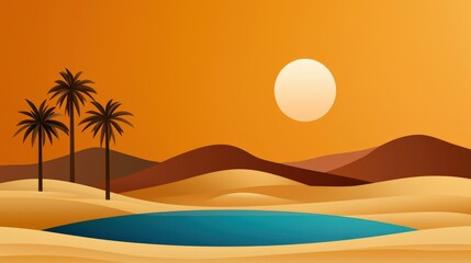 Desert oasis with palm trees and a clear blue pond, surrounded by golden dunes under the summer sun