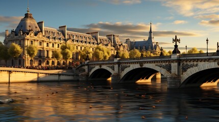 Obraz premium Expansive bridge architecture elegant arches supporting cables spanning a large river rendered in classic realism style