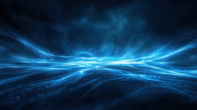 Blue light beams flash across a dark canvas, creating an energetic and abstract display of movement