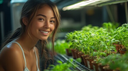 A young woman joyfully cares for growing herb plants in a well-lit greenhouse. The green foliage around her brings life to the space, highlighting her passion for gardening.
