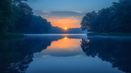 Fototapeta premium A Peaceful Lakeside Scene at Dawn, Showcasing the Reflective Beauty of Water and Nature's Tranquility