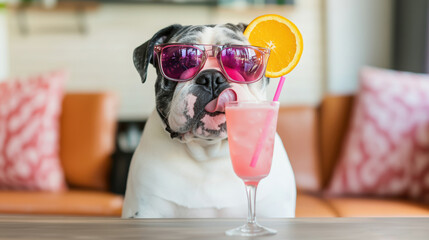 Trendy black and white dog wearing pink sunglasses licking a pink iced cocktail garnished with an orange slice and straw, sitting indoors with stylish cushions in the background.