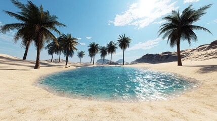 Obraz premium Desert oasis with palm trees and a clear blue pond, surrounded by golden dunes under the summer sun