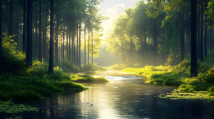 Obraz premium A Serene Forest Scene with Morning Light, A Meandering River, and the Melodious Sounds of Birds Creating a Harmonious Nature Experience
